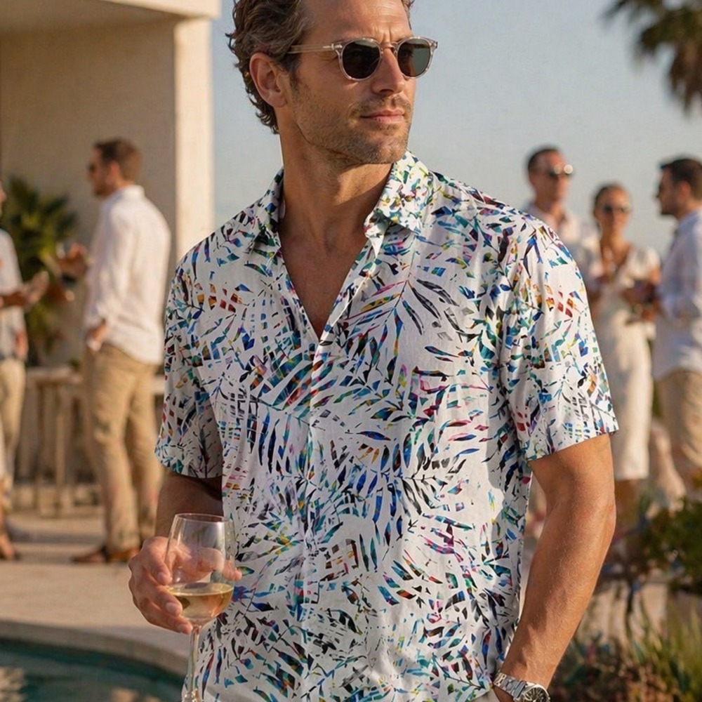 Robert Graham Island Palm Polo Mens Large White Multi Tropical Leaf Performance